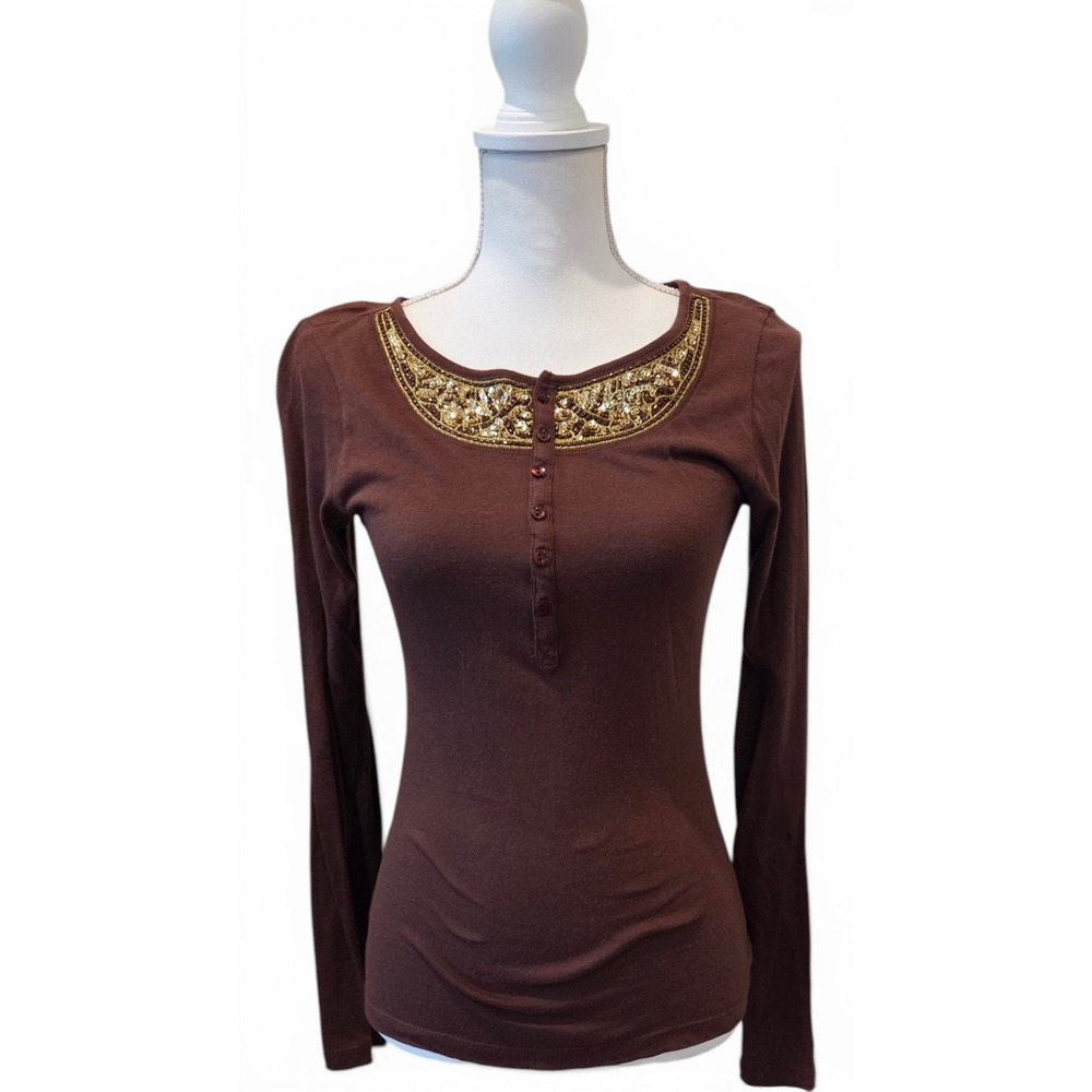 Girl Planet Henley 100% Cotton Sequin Embellished Slim Brown Boho Glam Medium